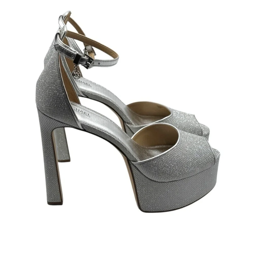 Michael Kors Silver Glitter Platform Stiletto Heel Ankle Strap Peep Toe Size 9.5